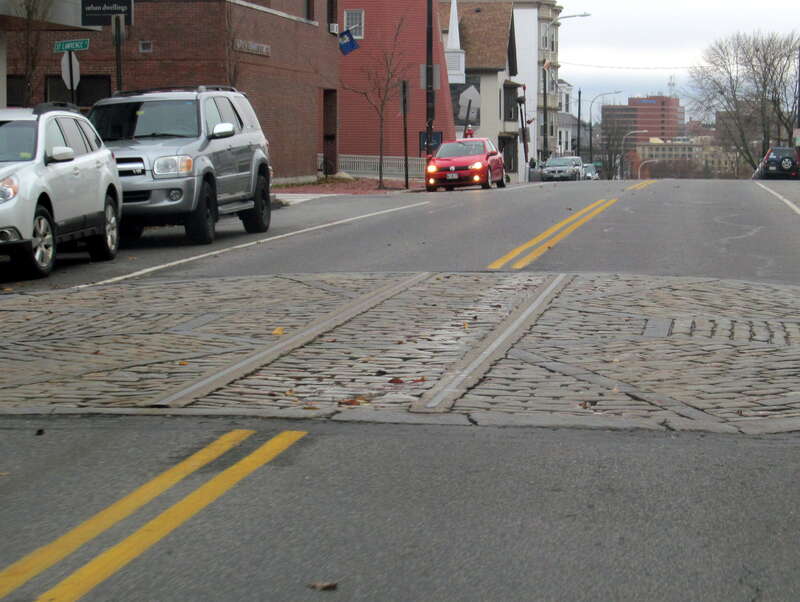 Former trolley tracks on Munjoy Hill, photographed in November 2016