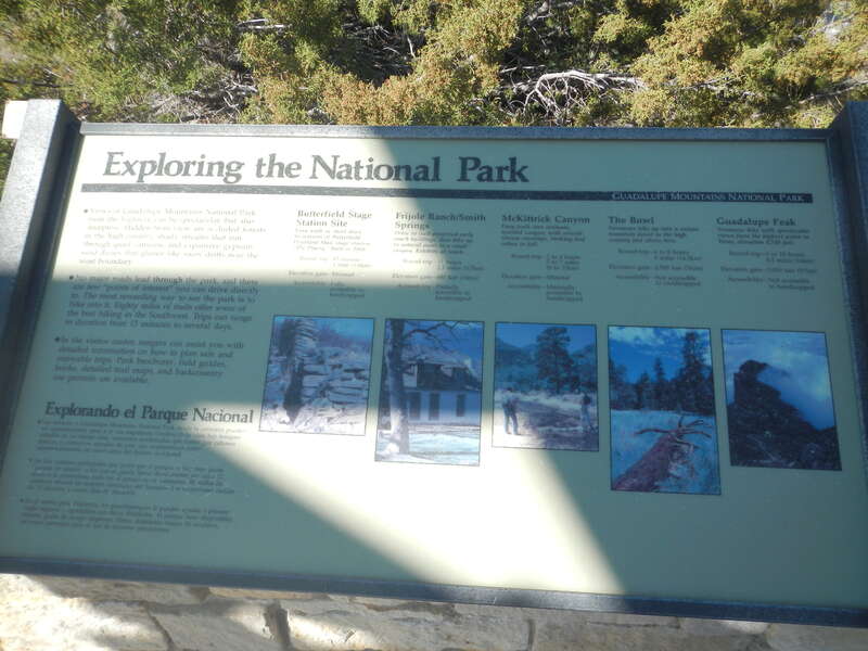 An informational sign along at the visitor center in Guadalupe Mountains National Park, Texas.