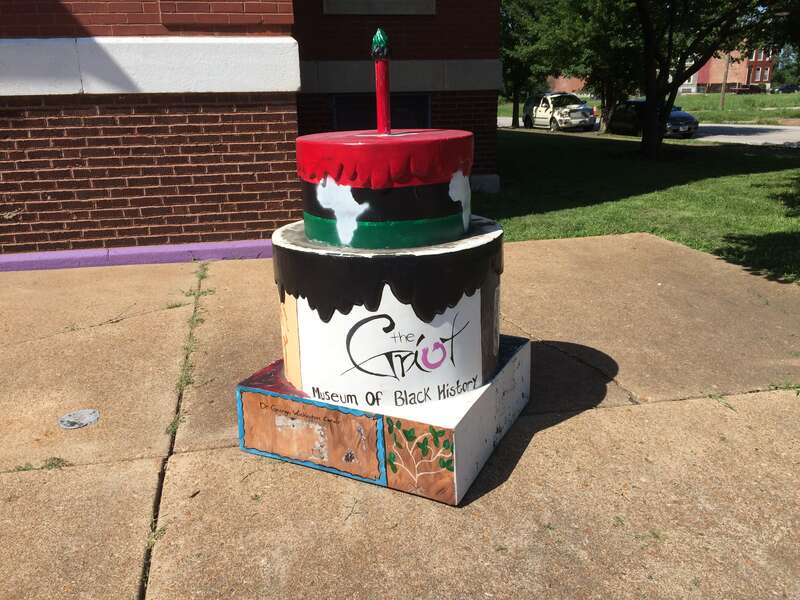 One of the &quot;cakes&quot; from the St. Louis 250 anniversary installed in front of the Griot Museum of Black History.