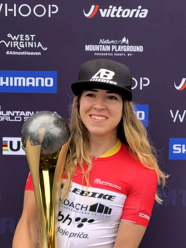 Lejla Njemčević during press conference after winning the overall title of UCI XCM World Cup in Snowshoe, USA.