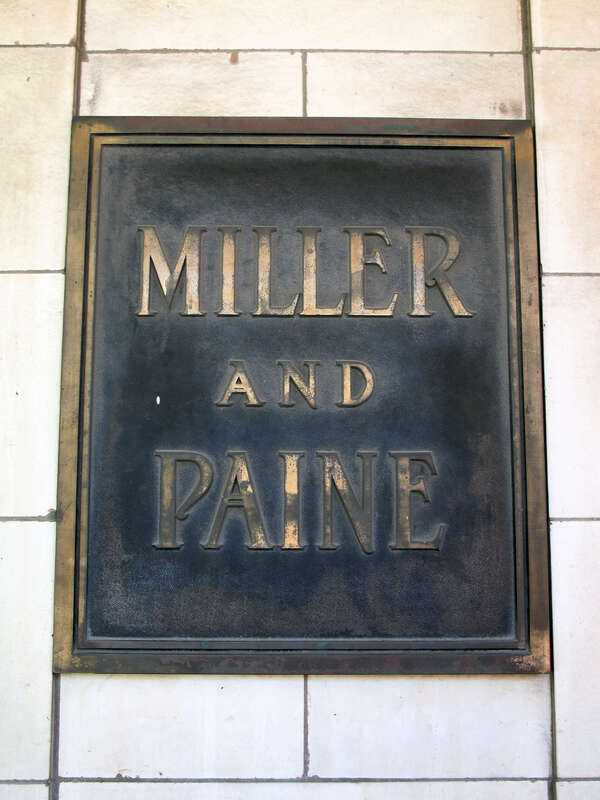 One of many plaques fixed the outside of the Miller &amp;amp; Paine Building, 1215 &quot;O&quot; Street, Lincoln, Nebraska, USA.  This one is seen to the left of the main entrance on S. 13th Street.