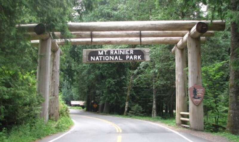 The Nisqually Gate at Mount Rainier National Park, Washington, United States, a dramatic example of National Park Service Rustic architecture. Taken by Charles T. Betz on family vacation July 2007.