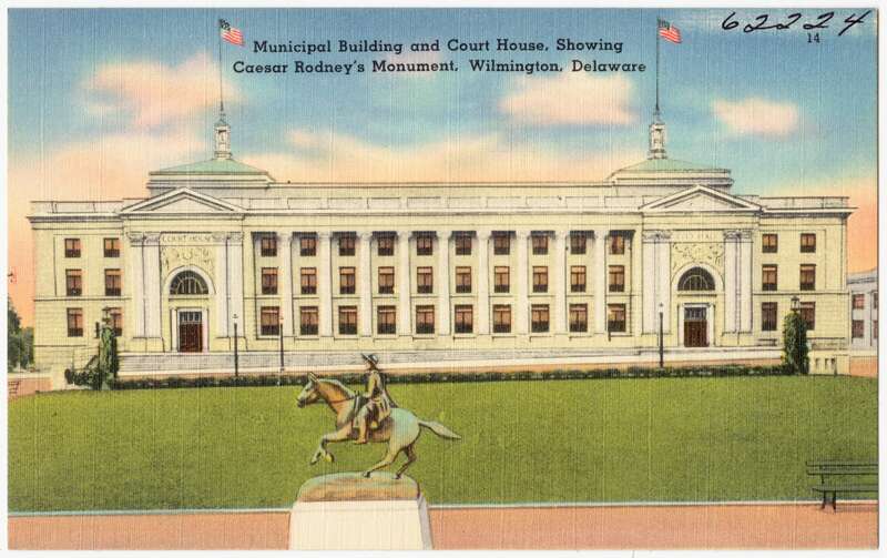 Title: Municipal building and court house, showing Caesar Rodney's monument, Wilmington, Delaware
Subjects: Monuments &amp;amp; memorials; Government facilities; Court houses
Places: Delaware &amp;gt; New Castle (county) &amp;gt; Wilmington
Notes: Title from