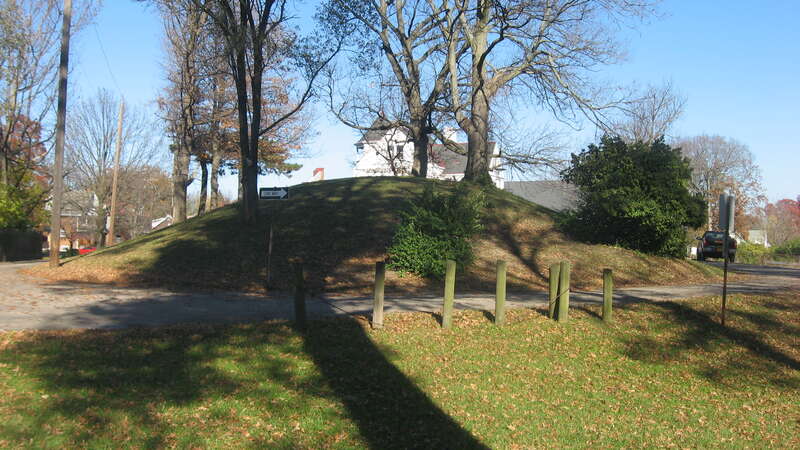 View from the southwest of the Norwood Mound, located in Water Tower Park off Mound Avenue in Norwood, Ohio, United States.  Built by people of the Adena culture, the mound is an archaeological site and listed on the National Register of Historic