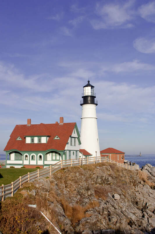 Portland Head Light lighthouse inside of Fort Williams Park in Cape Elizabeth, Maine. Construction began in 1787 at the directive of George Washington, and was completed on January 10, 1791. Today, Portland Head Light stands 80 feet above ground and