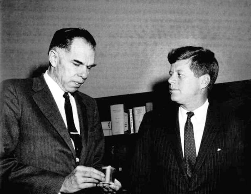 This is a photo of Glenn T. Seaborg. Chairman of the United States Atomic Energy Commission with President John F. Kennedy taken at AEC headquarters in Germantown, Maryland, on February 16, 1961.