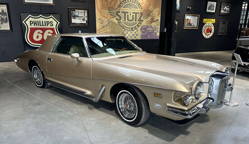 A tan 1973 Stutz Blackhawk III displayed in the Stutz Car Museum in Indianapolis, Indiana, US