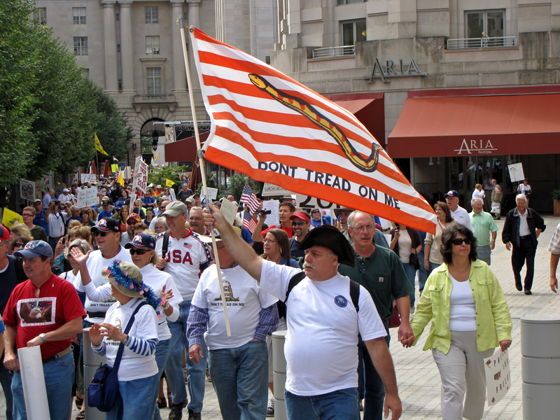 A man holds up a &quot;Don't tread on me&quot; flag at the Taxpayer March on Washington, a Tea Party-affiliated demonstration espousing primarily right-wing values, on September 12, 2009.
More at The Schumin Web:
&amp;lt;a