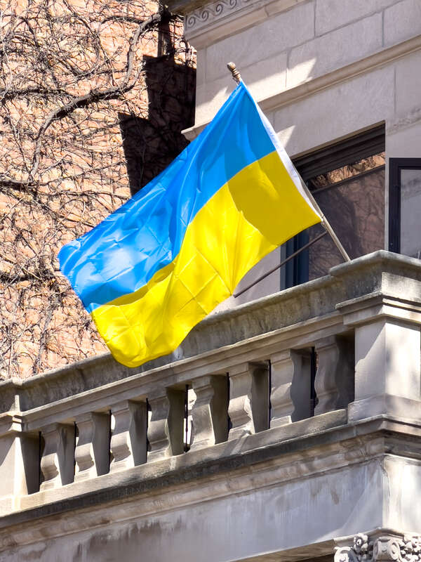 Ukrainian flag during Russian invasion of Ukraine, Edgewater, Chicago, Illinois.