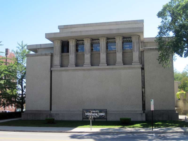 Unity Temple in Oak Park, a national landmark (1908). Unity Temple was one of the first non-residential structures designed by Frank Lloyd Wright. Wright was a Unitarian, and agreed to help the Universalists construct a new church after their
