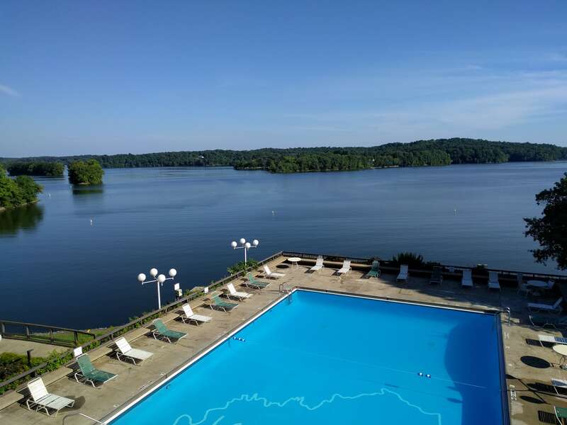 The View from the balcony of the Lake Barkley State Resort Park Lodge, overlooking the pool and the lake.