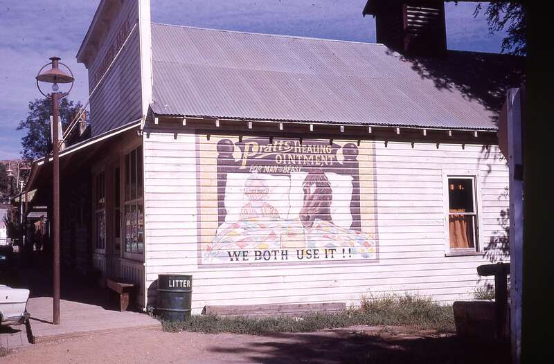 Winthrop, Washington: advertisement for Pratts healing ointment on the side wall of Three-Fingered Jack's Saloon