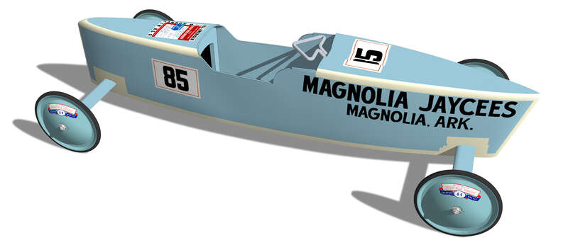 A Soap Box Derby racer constructed and driven by Wallace F. Waits, Jr., 14, who won the 1960 Magnolia, AR local race and went on to compete at the 23rd All-American World Championship in Akron, Ohio a month later. Wally did very well in Akron, taking