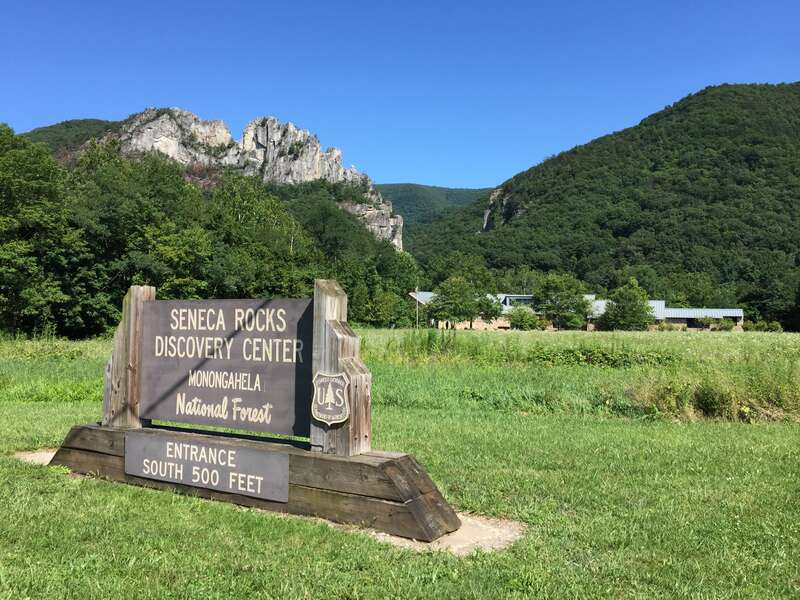 Sign for the Seneca Rocks Discovery Center in Seneca Rocks, Pendleton County, West Virginia