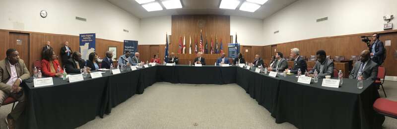 U.S. Department of Agriculture Secretary Tom Vilsack and U.S. Policy Council Director Susan Rice, Congressman Bennie Thompson, MS CD2, and Delta Regional Authority Agenda Chairman Dr. Cory Wiggins arrive and hold a round table session with some local