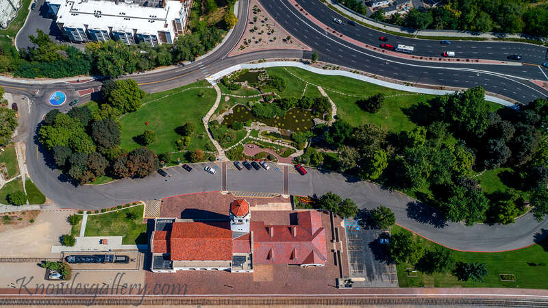 City park at the base of the clock tower of a train depot Boise

If you would like to see more aerial images of Boise please visit: &amp;lt;a href=&quot;http://www.knowlesgallery.com/Photography/Landscape/Boise-Idaho-and-Sourroundings/&quot; rel=&quot;noreferrer