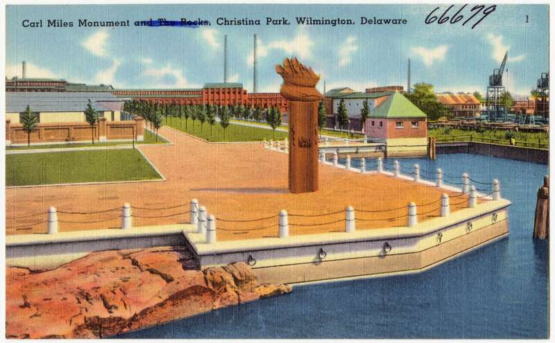 Title: Carl Miles monument, Christina Park, Wilmington, Delaware
Subjects: Monuments &amp;amp; memorials; Parks
Places: Delaware &amp;gt; New Castle (county) &amp;gt; Wilmington
Notes: Title from item.
Extent: 1 print (postcard) : linen texture, color ; 3 1/2 x