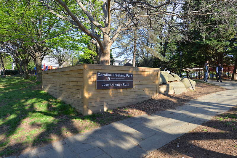 One of the entrances to Caroline Freeland Park. This park is operated by the Montgomery County Department of Parks. 7200 Arlington Road, Bethesda, Maryland.