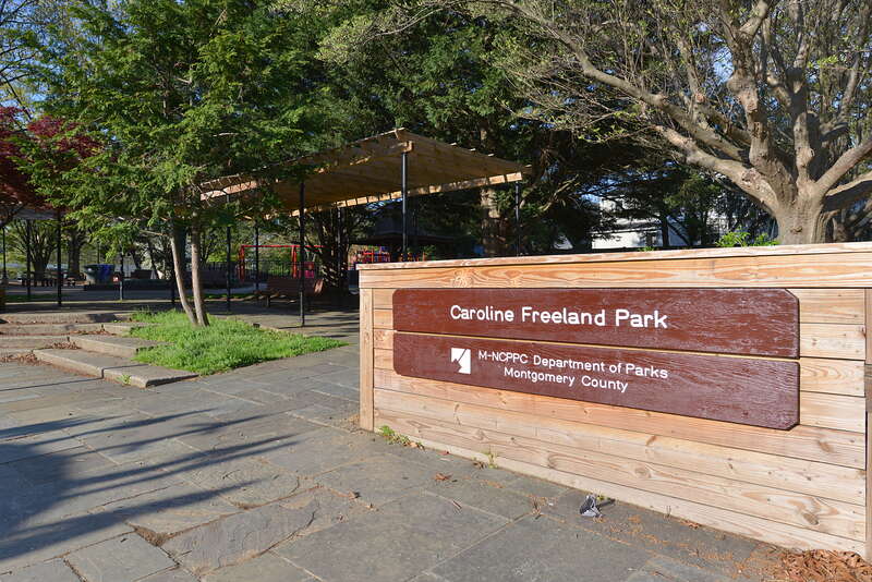 The sign near one of the entrances to Caroline Freeland Park. This park is operated by the Montgomery County Department of Parks. 7200 Arlington Road, Bethesda, Maryland.