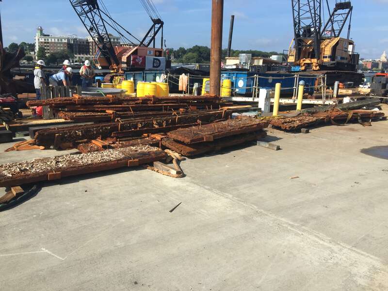 A section of the casemate, which protected the ironclad from enemy cannonballs and shells. As part of the mechanized phase of the CSS Georgia’s recovery, archaeologists are using a five-finger style grapple to raise large clumps of the remaining