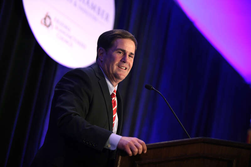 Governor Doug Ducey speaking at the Arizona Chamber of Commerce &amp;amp; Industry's Leadership Series luncheon with U.S. Senator Marco Rubio of Florida in Phoenix, Arizona.

Please attribute to Gage Skidmore if used elsewhere.