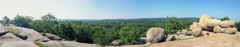 A panorama of the Elephant Rocks in Elephant Rocks State Park, Missouri.