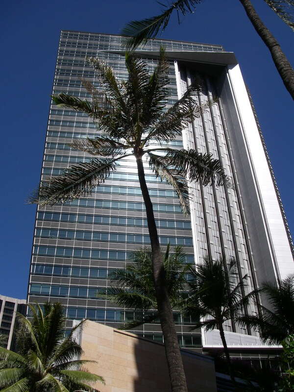 Picture of the First Hawaiian Center tower on Bishop Street in downtown Honolulu, Hawaii, USA, from the Makai side (ocean side, south side)
