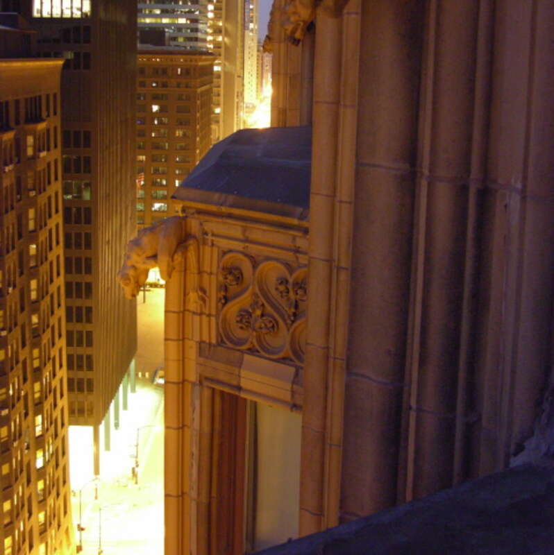 View of south Dearborn street, Chicago, looking north, taken from the  17th floor of the  Fisher Building.  The  Monadnock Building is visible to the left, with the  Kluczynski Federal Building beyond.