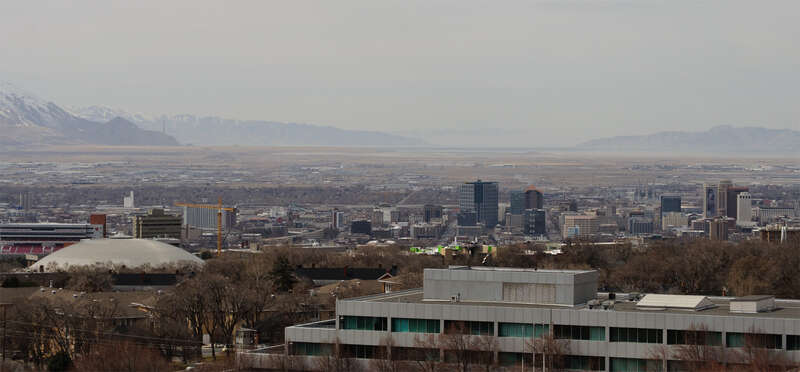 A look west toward the Great Salt Lake, from the Wasatch Foothills.
My location is the new Natural History Museum of Utah, located on the University of Utah campus. It is an excellent museum, with emphasis on the dinosaur fossils; it is also one of