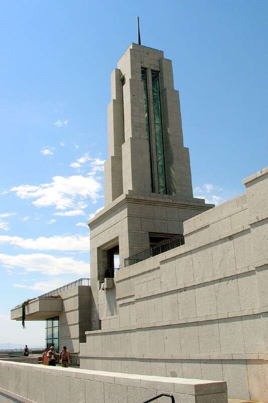 The spire to the LDS Conference Center as seen from the buildings external upper-level entrance ramp, in downtown Salt Lake City, Utah, USA.