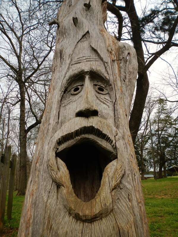 This is a photograph of a wood carving in Orr Park in Montevallo.