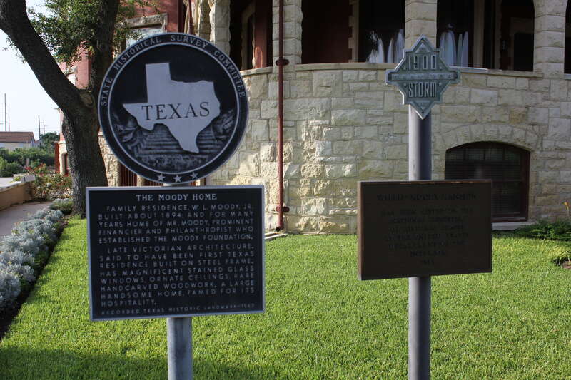 Family residence, W. L. Moody, Jr. built about 1894, and for many years home of Mr. Moody, prominent financier and philanthropist who established the Moody Foundation. Late Victorian architecture said to have been first Texas residence built on steel