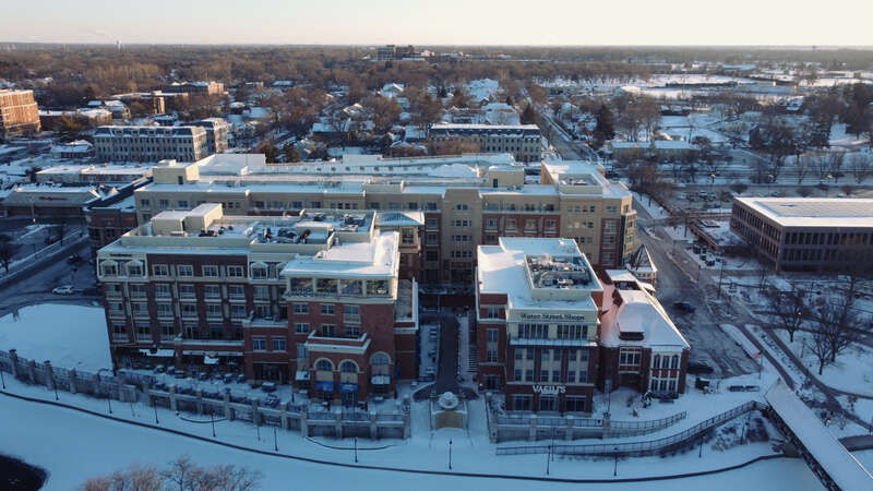 Naperville's water street development seen from a aerial view.