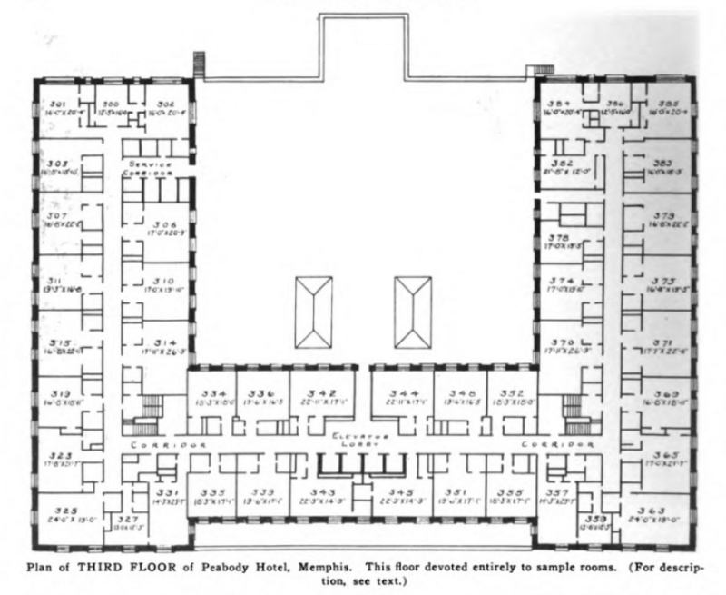 Third floor plan, Peabody Hotel, 149 Union Avenue, Memphis, Tennessee. Substantial renovations have occurred since the original design. Opened 1925. Publication date 1925.