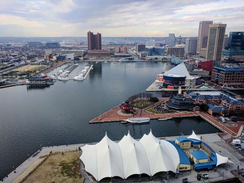 Baltimore's Pier Six Pavilion, foreground, with a good view of Inner Harbor