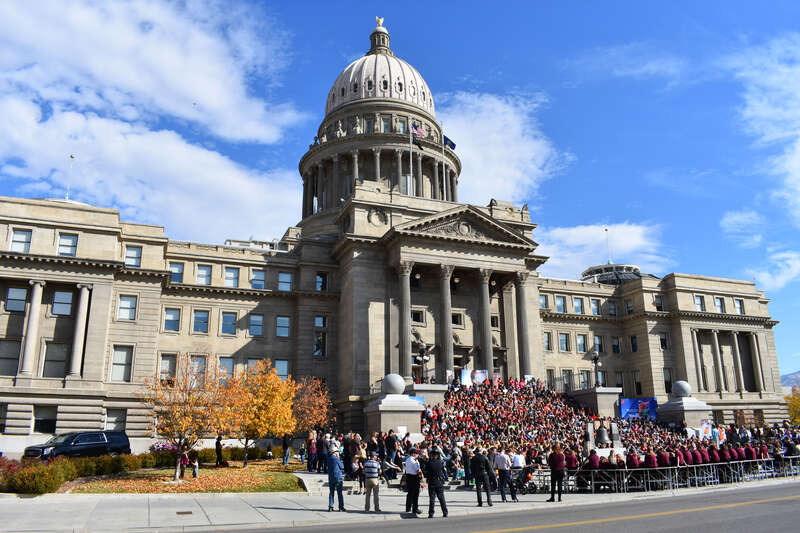 Students attend a Red Ribbon Week event at the Idaho State Capitol Building in Boise.
