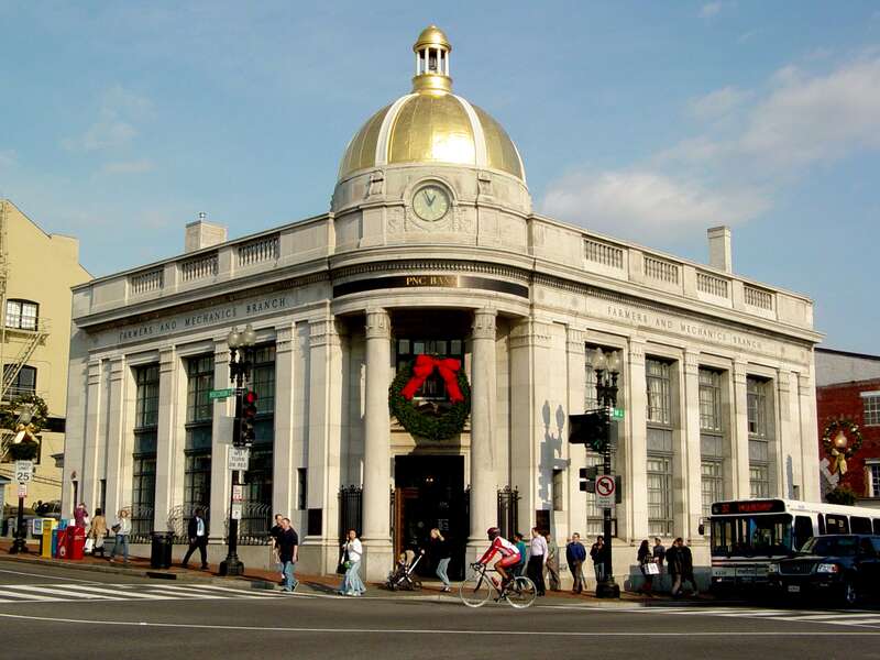 Former Riggs Bank building, now PNC Bank, at the corner of M Street and Wisconsin Avenue NW in Washington DC