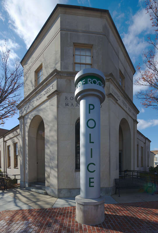 This police station for the Rockville City police is located in a former Post Office. 2 West Montgomery Avenue, Rockville, Maryland 20850.
