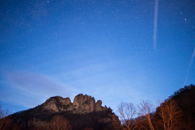 Seneca Rocks, West Virginia as seen before sunrise.