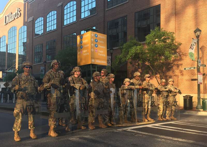 Georgia National Guard Soldiers of the 48th Infantry Brigade Combat Team assist Atlanta police and Georgia State Patrol in enforcing the Atlanta’ Mayor’s curfew order following violent demonstrations May 31, 2020.  (U.S. Army National Guard photo by