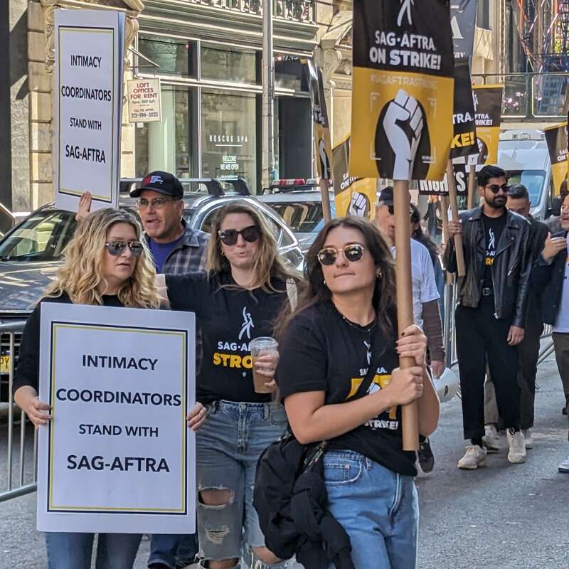 Though the Writers Guild has reached a tentative deal with the studios, the Screen Actors Guild is still on strike and continues to walk the picket line in front of Netflix's New York offices.