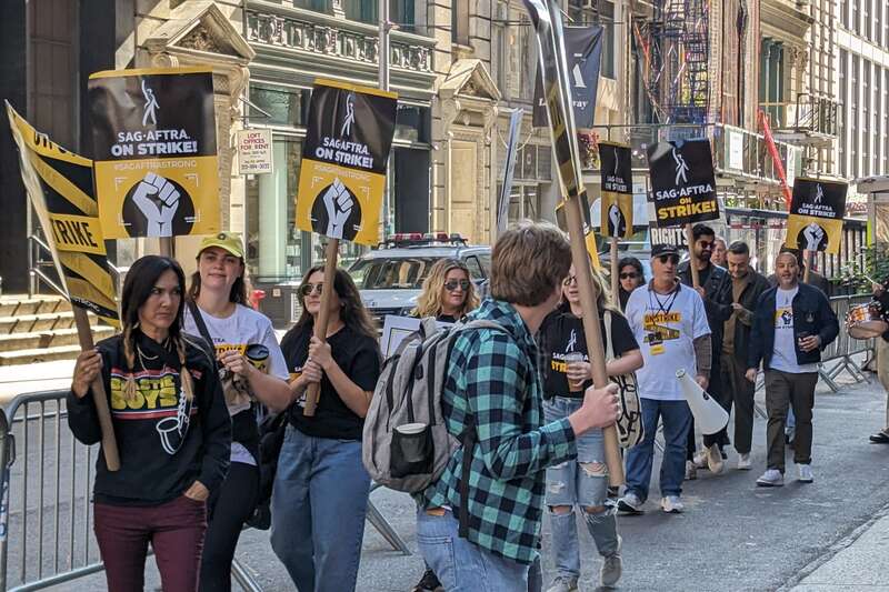 Though the Writers Guild has reached a tentative deal with the studios, the Screen Actors Guild is still on strike and continues to walk the picket line in front of Netflix's New York offices.