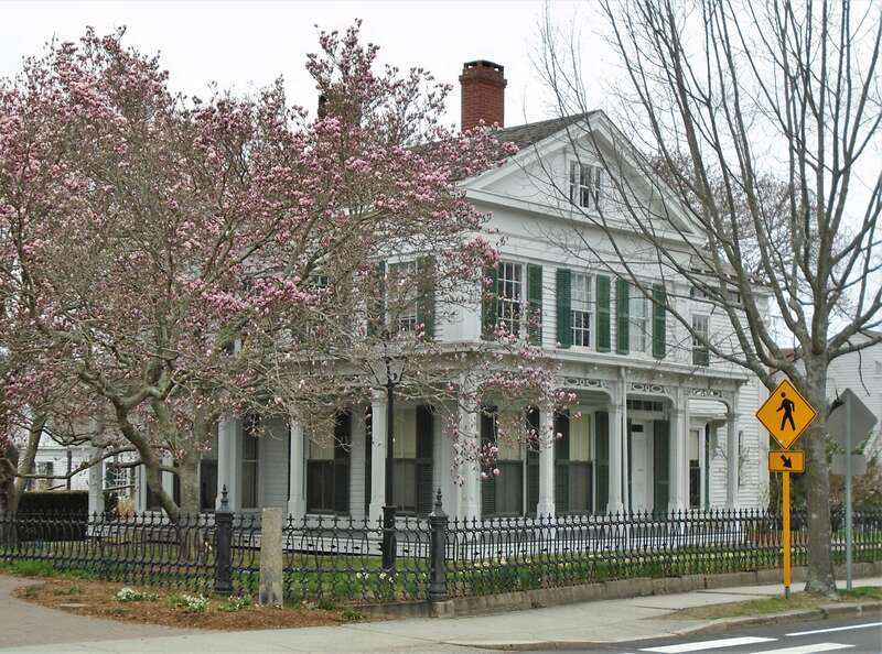 The Thomas S. Greenman House at 79 Greenmanville Avenue in Mystic, Connecticut was built in 1842 in the Greek Revival style for Thomas S. Greenman, the youngest of three brothers who founded the George Greenman &amp;amp; Co. shipyard.  The porches with