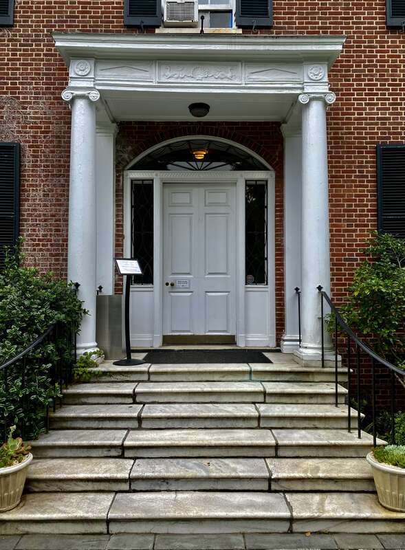 The entrance portico of Glyndor Mansion, as seen on a June 2022 visit to Wave Hill. One of two historic homes located within this expertly manicured 28-acre expanse, Glyndor is a sprawling Colonial Revival-style beauty designed by the firm of Butler