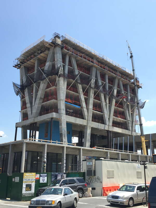 The William Vale Hotel is a high-rise hotel under construction at 55 Wythe Avenue in Williamsburg in Brooklyn, New York City, New York. Photographed by Quercus montana on June 10, 2015.