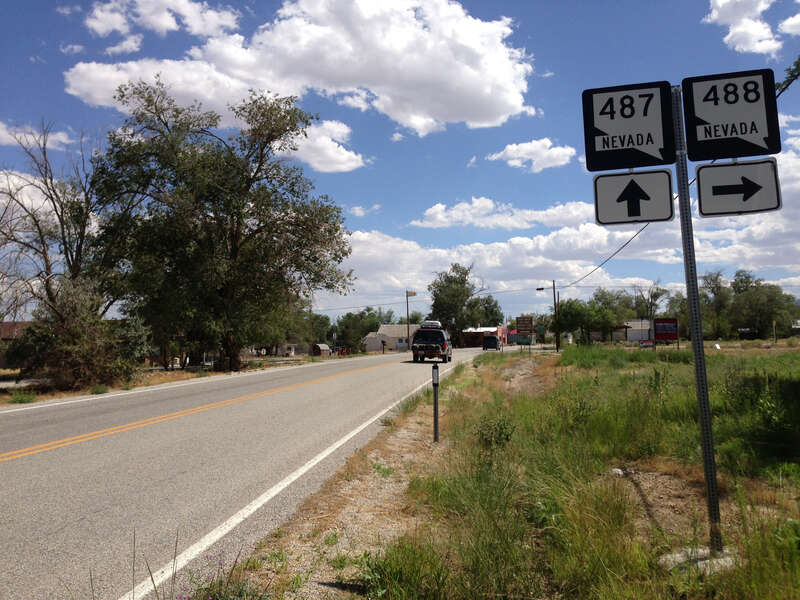 View south along Nevada State Route 487 (Baker Road) about 6.2 miles north of the Utah state line at the junction with Nevada State Route 488 (Lehman Caves Road) in Baker, Nevada
