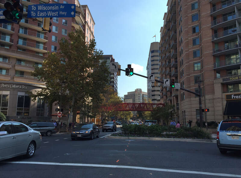 View south along Maryland State Route 187 (Old Georgetown Road) at Woodmont Avenue in Bethesda, Montgomery County, Maryland