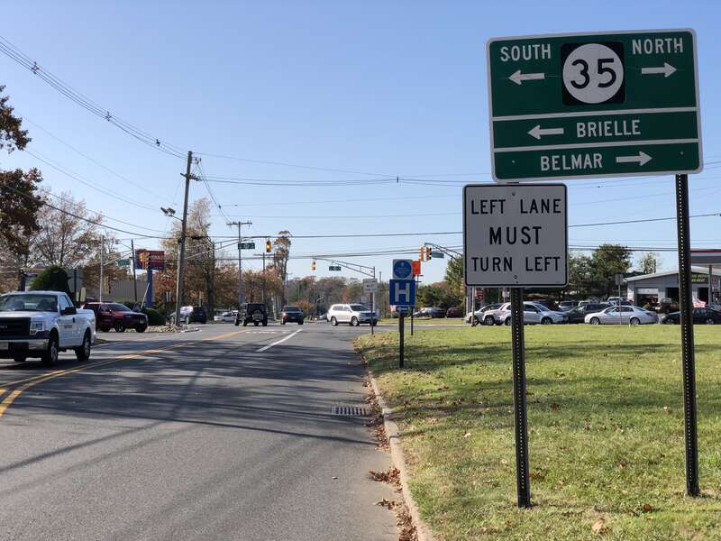 View west along Monmouth County Route 524 (Allaire Road) at New Jersey State Route 35 in Wall Township, Monmouth County, New Jersey