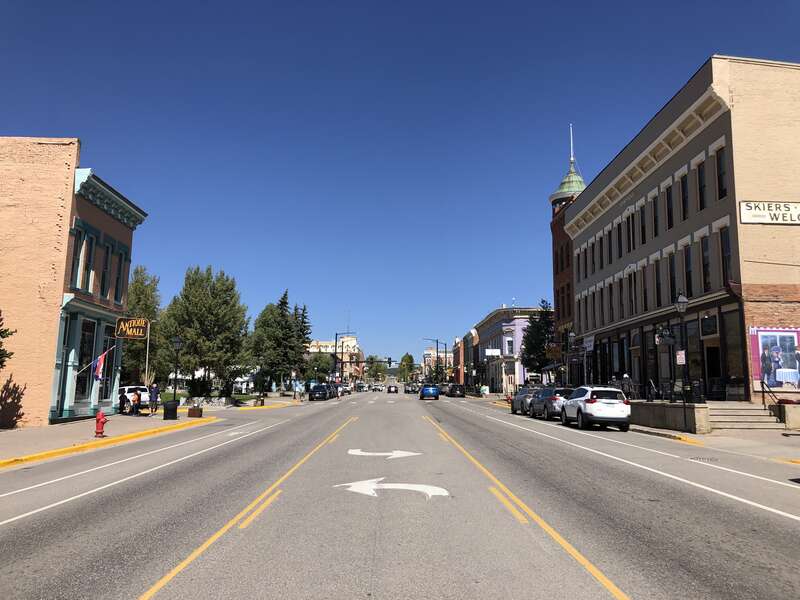 View west along U.S. Route 24 (Harrison Avenue) at Fourth Street in Leadville, Lake County, Colorado