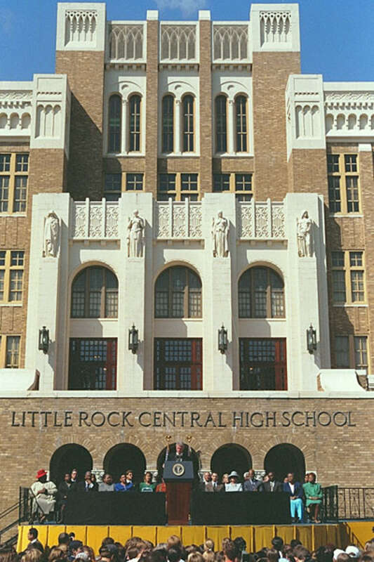 Bill Clinton leading celebrations of the 40th anniversary of the desegregation of Little Rock Central High School in Little Rock, AR, September 25, 1997.